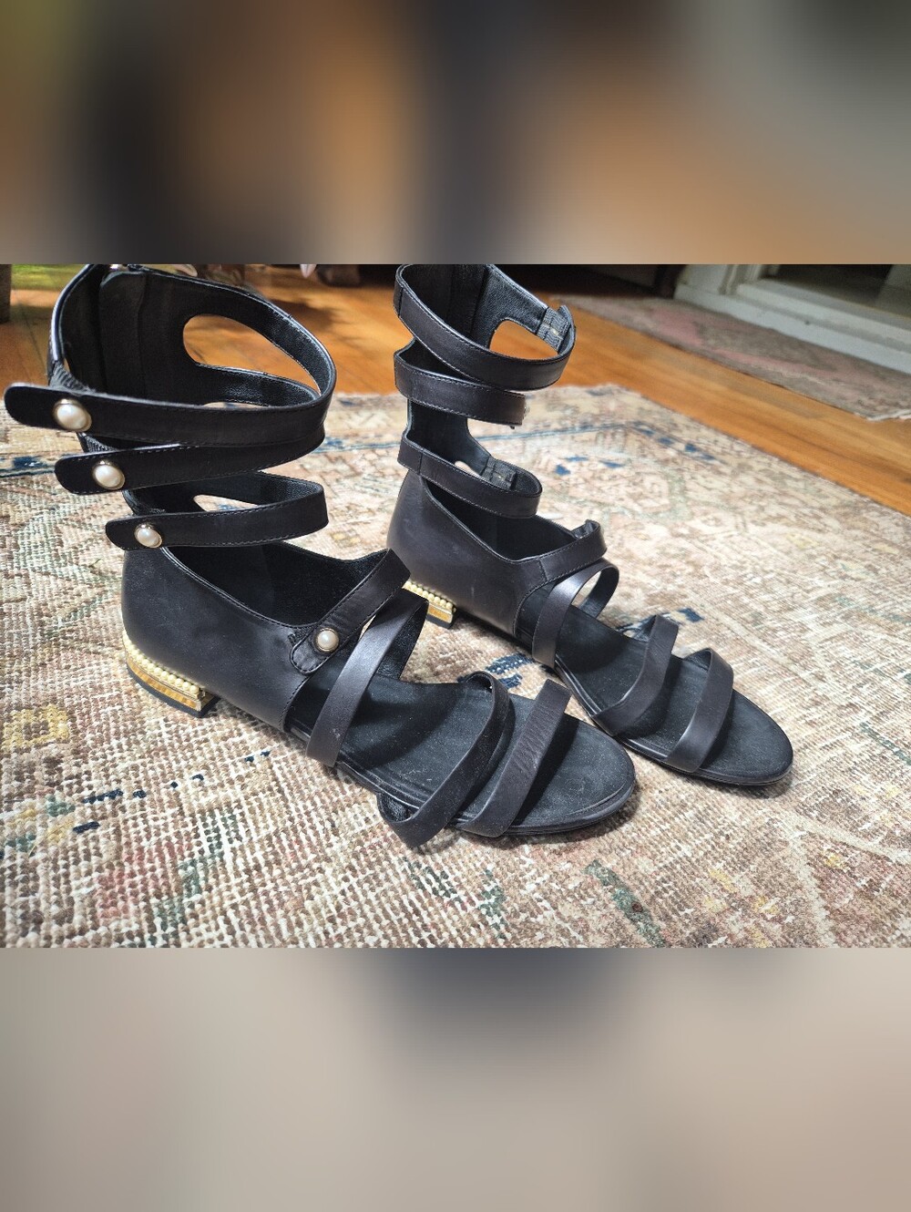 CHANEL Black Leather Pearl Heel Gladiator Sandals Cuff Ankle IT 40